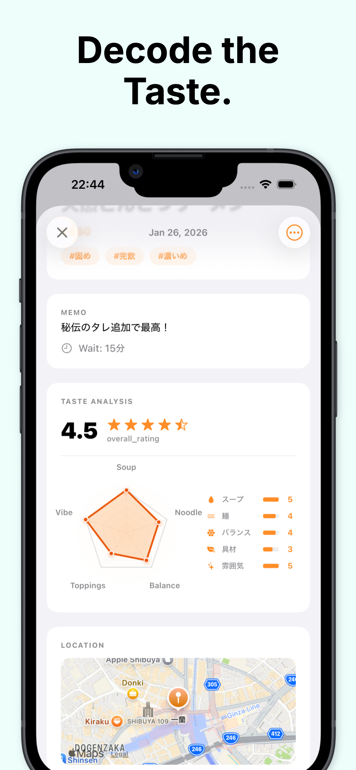 Flavor radar chart - 5-axis taste visualization